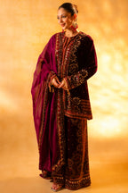 Dark Byzantium Velvet Printed and Sequinned Palazzo Suit