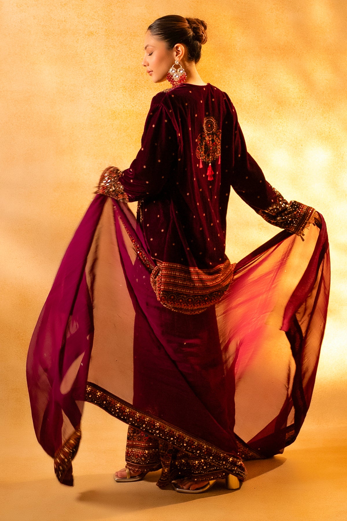 Dark Byzantium Velvet Printed and Sequinned Palazzo Suit