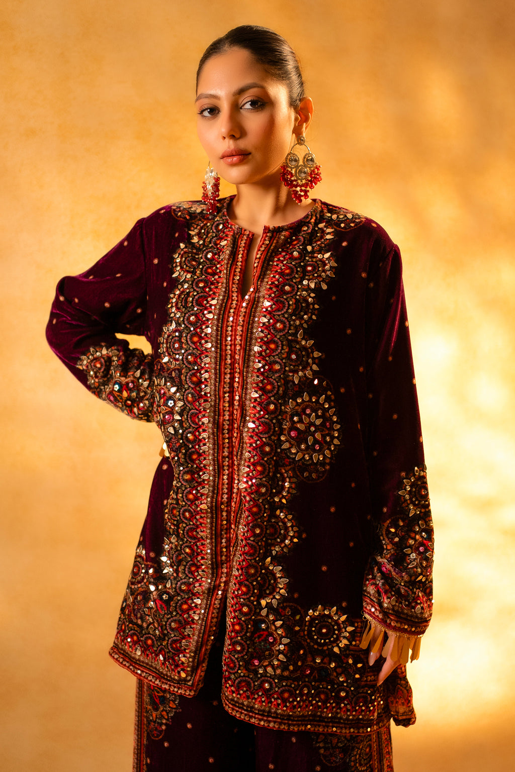Dark Byzantium Velvet Printed and Sequinned Palazzo Suit
