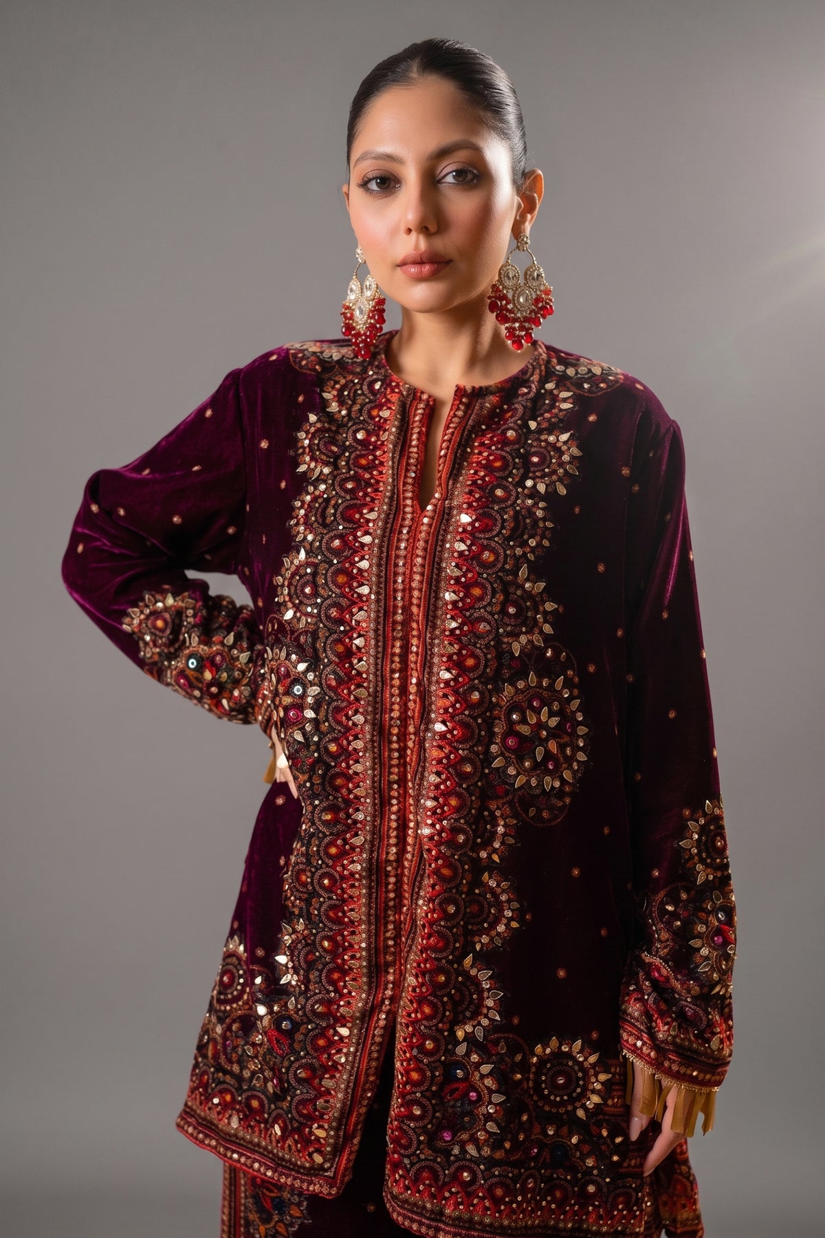 Dark Byzantium Velvet Printed and Sequinned Palazzo Suit