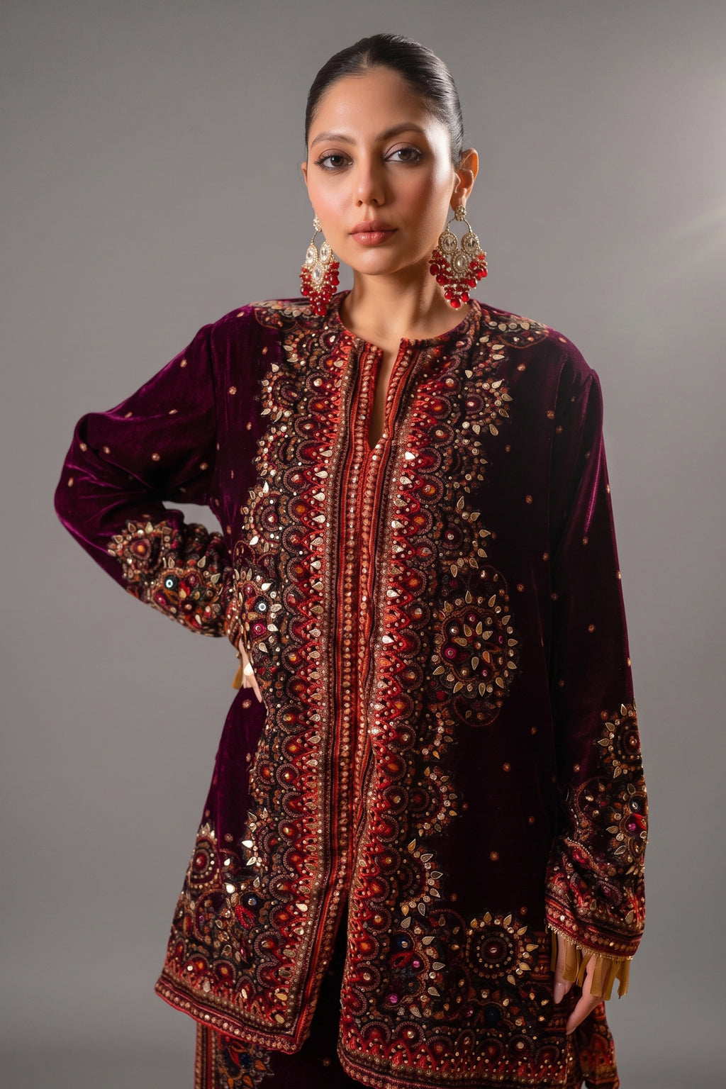 Dark Byzantium Velvet Printed and Sequinned Palazzo Suit