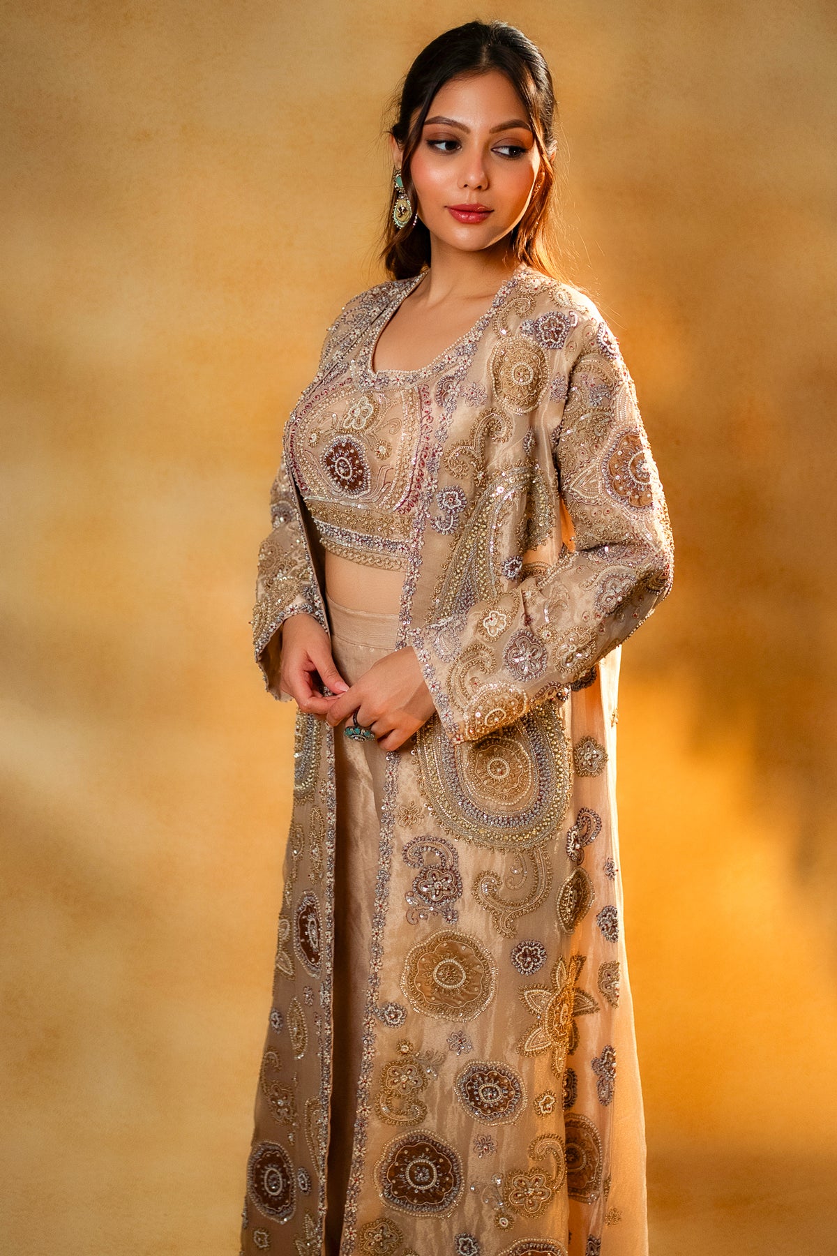 Champagne Beige Sequinned and Beaded Crop Top Palazzo Set with Long Jacket