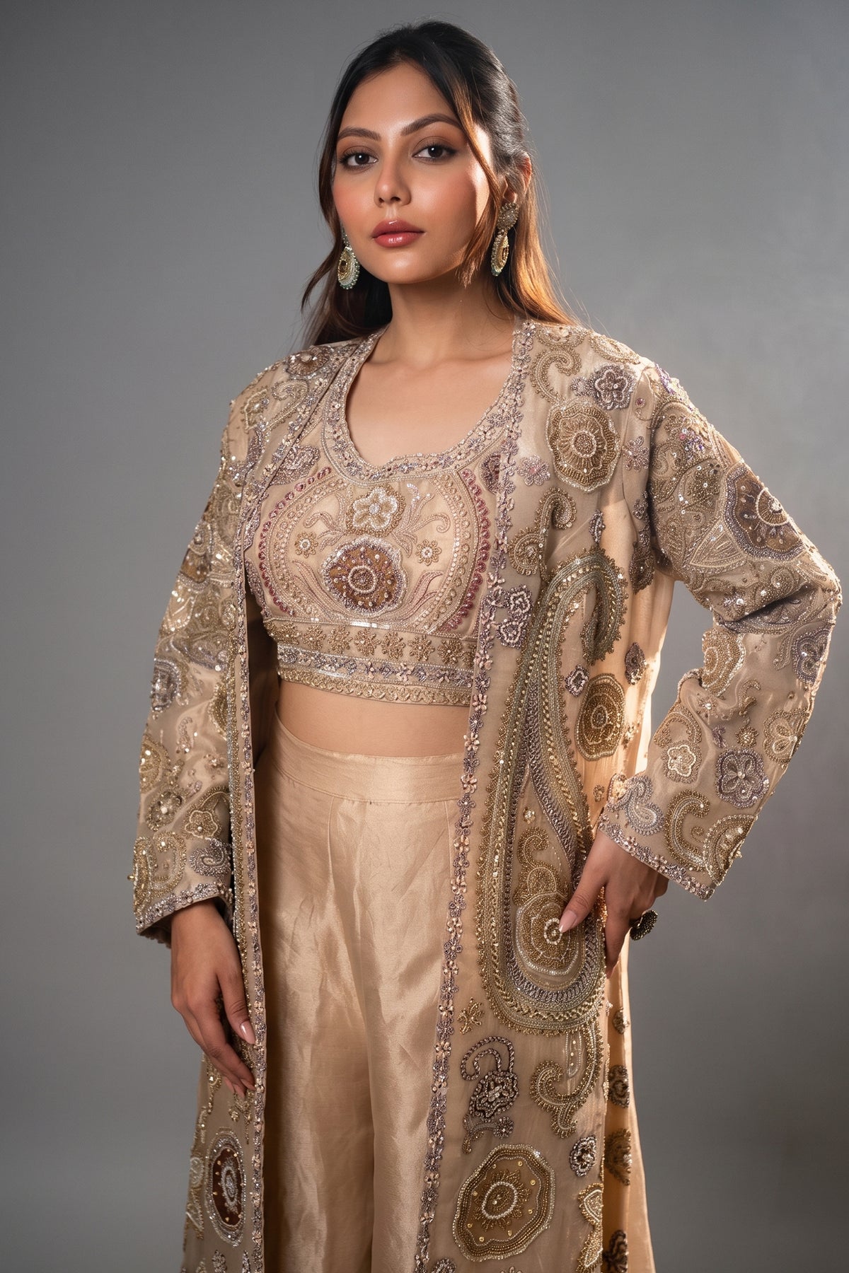 Champagne Beige Sequinned and Beaded Crop Top Palazzo Set with Long Jacket