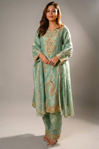 Turquoise Blue Organza Designer Handworked Suit