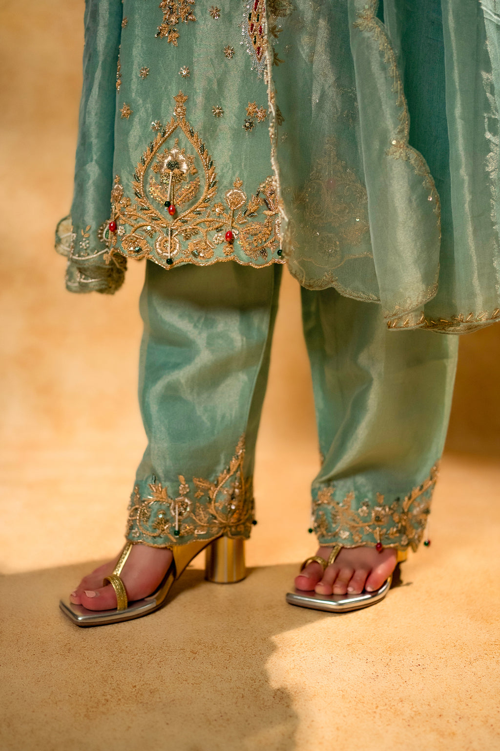 Turquoise Blue Organza Designer Handworked Suit