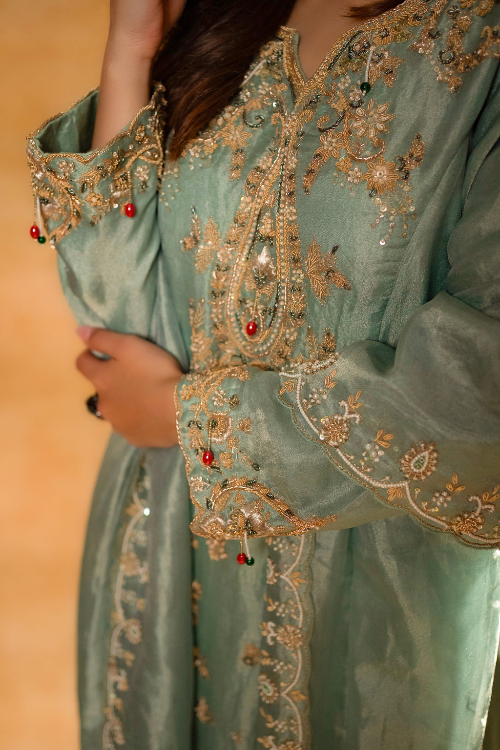 Turquoise Blue Organza Designer Handworked Suit