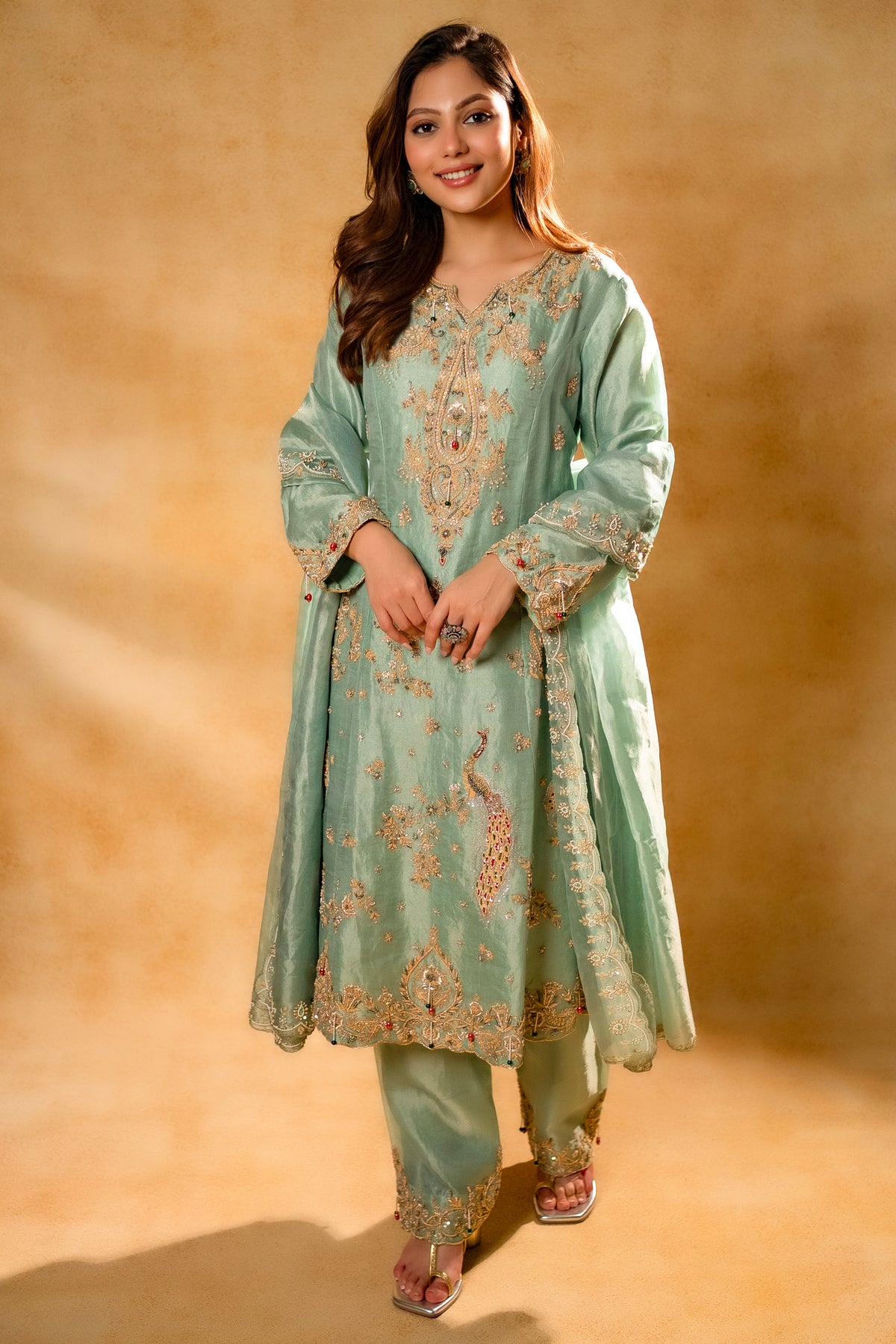 Turquoise Blue Organza Designer Handworked Suit