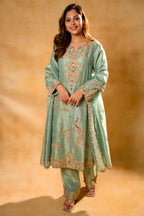 Turquoise Blue Organza Designer Handworked Suit