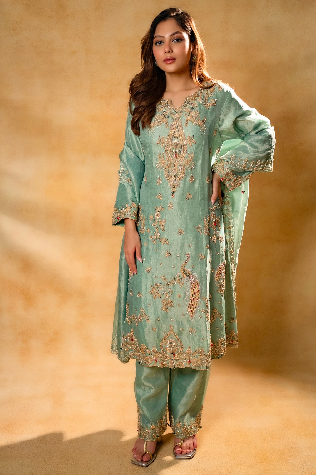 Turquoise Blue Organza Designer Handworked Suit