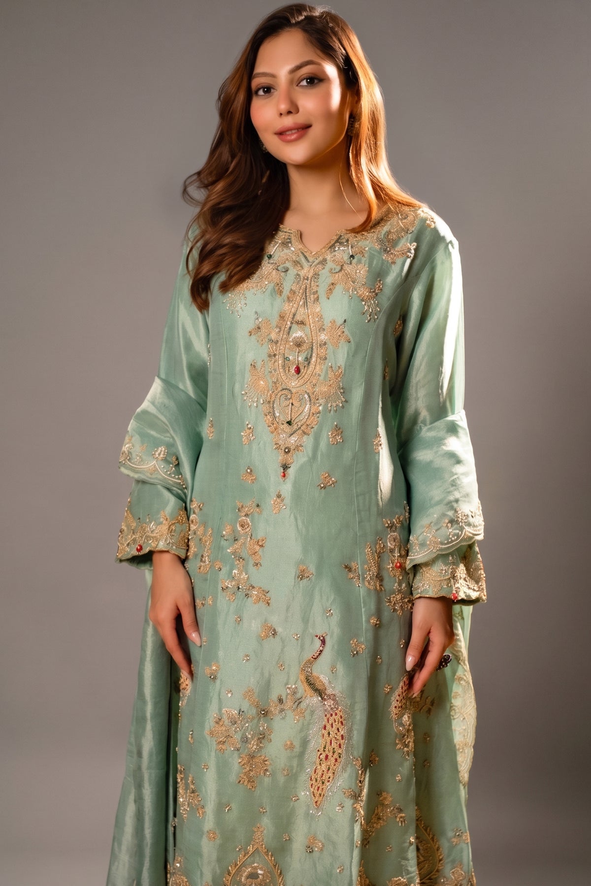 Turquoise Blue Organza Designer Handworked Suit
