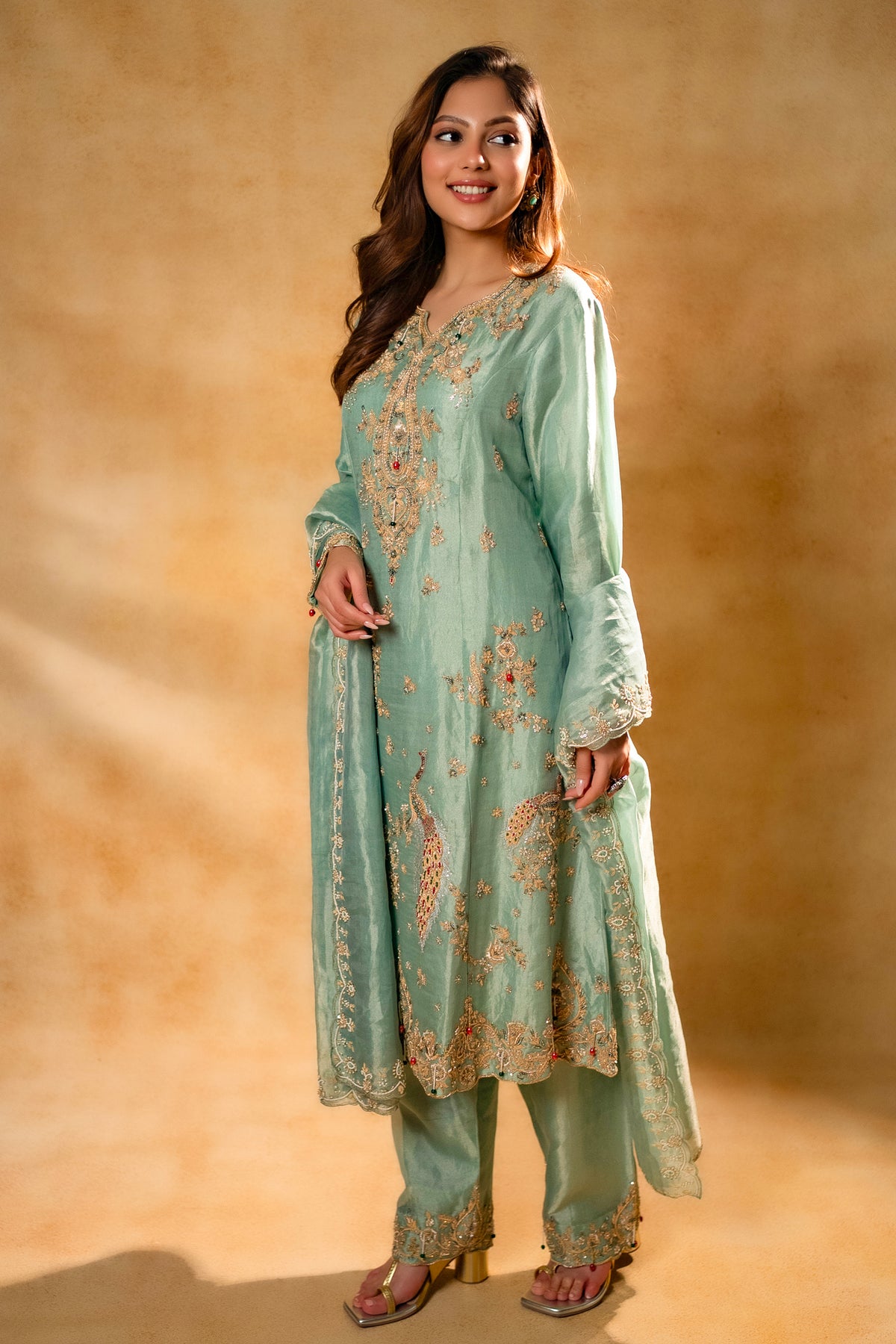 Turquoise Blue Organza Designer Handworked Suit
