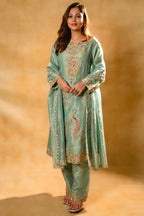 Turquoise Blue Organza Designer Handworked Suit