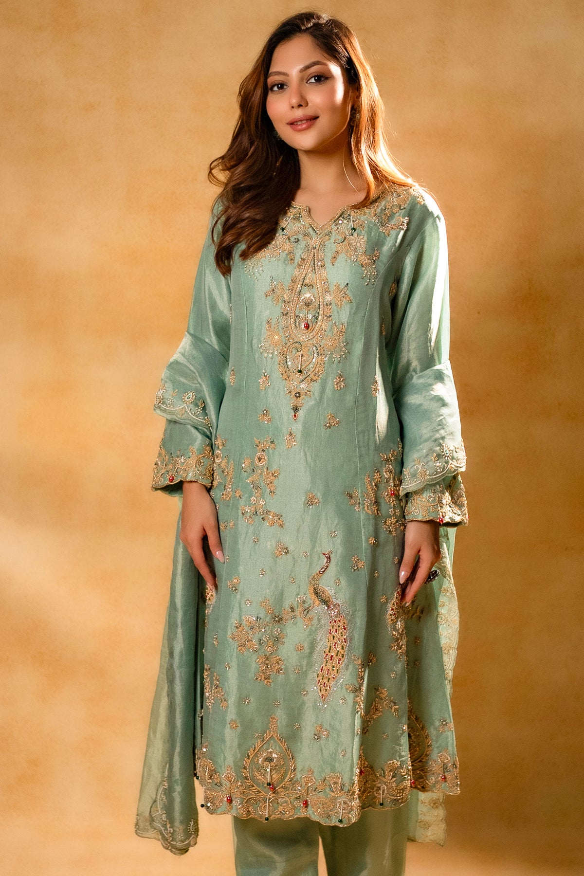 Turquoise Blue Organza Designer Handworked Suit
