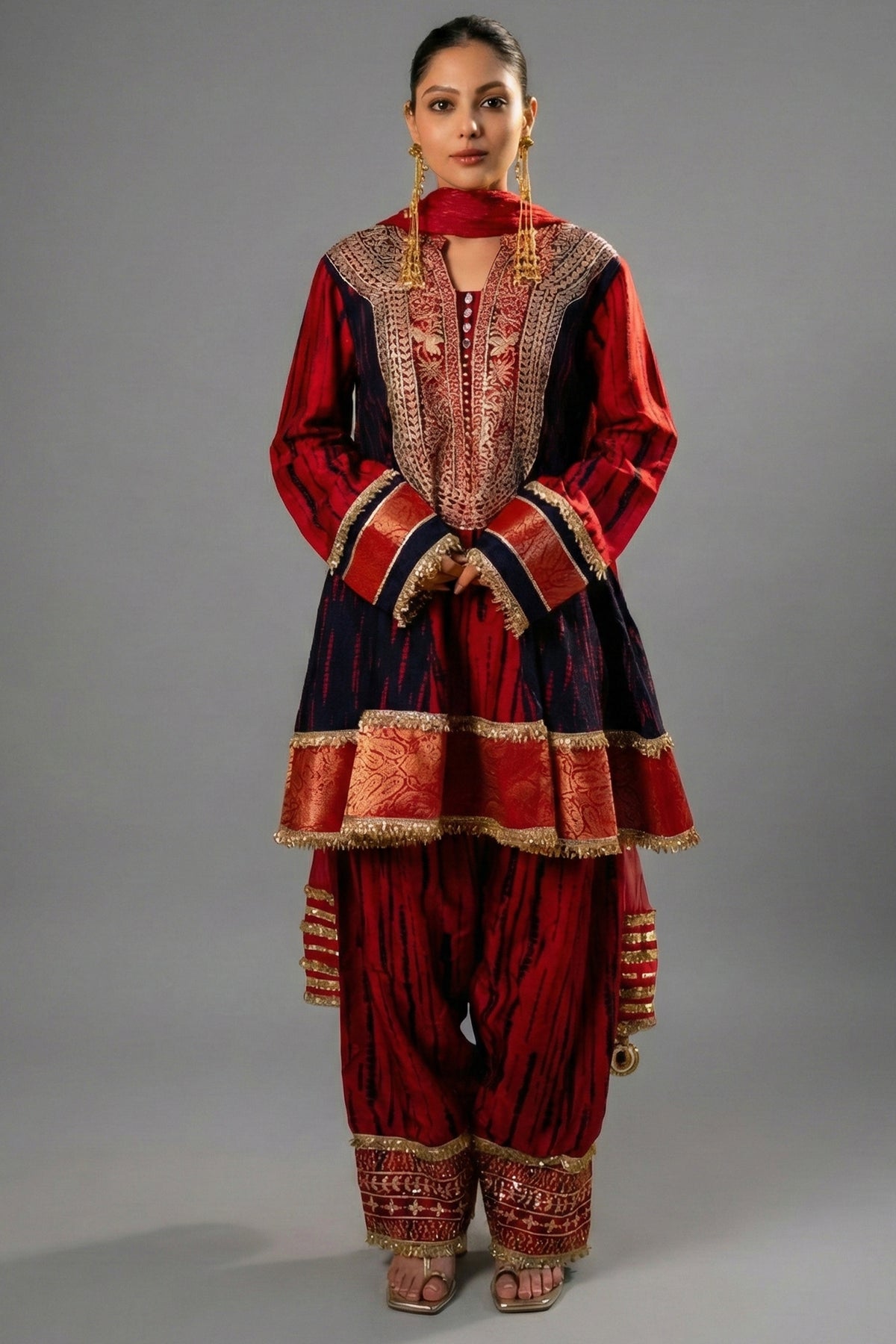 Maroon and Dark Navy Blue Raw Silk Choga Style Suit