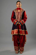 Maroon and Dark Navy Blue Raw Silk Choga Style Suit
