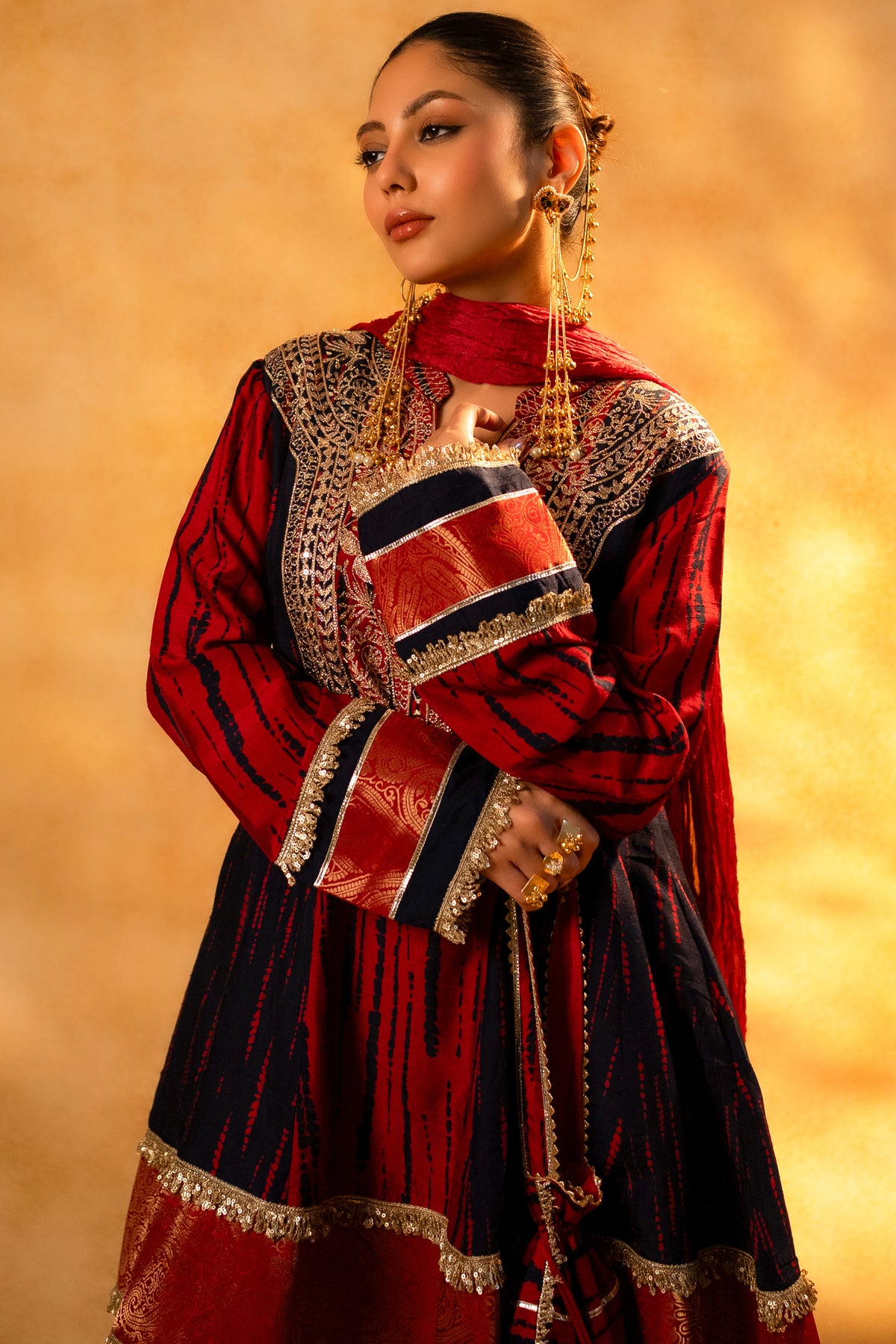 Maroon and Dark Navy Blue Raw Silk Choga Style Suit