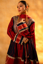 Maroon and Dark Navy Blue Raw Silk Choga Style Suit
