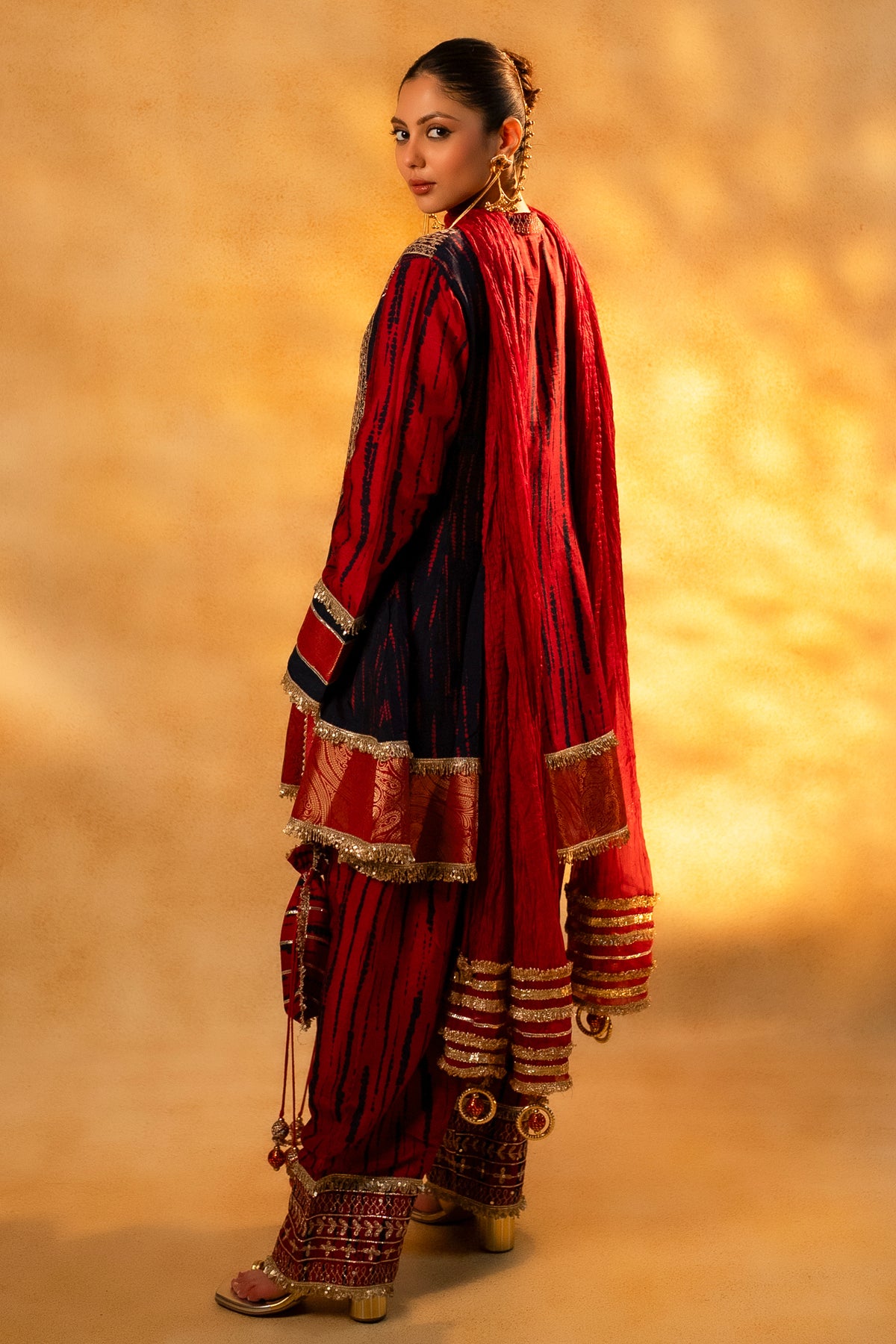 Maroon and Dark Navy Blue Raw Silk Choga Style Suit