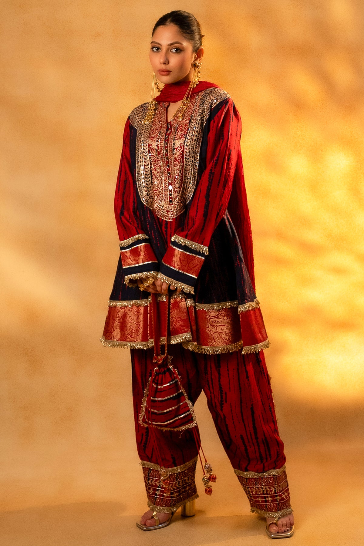 Maroon and Dark Navy Blue Raw Silk Choga Style Suit