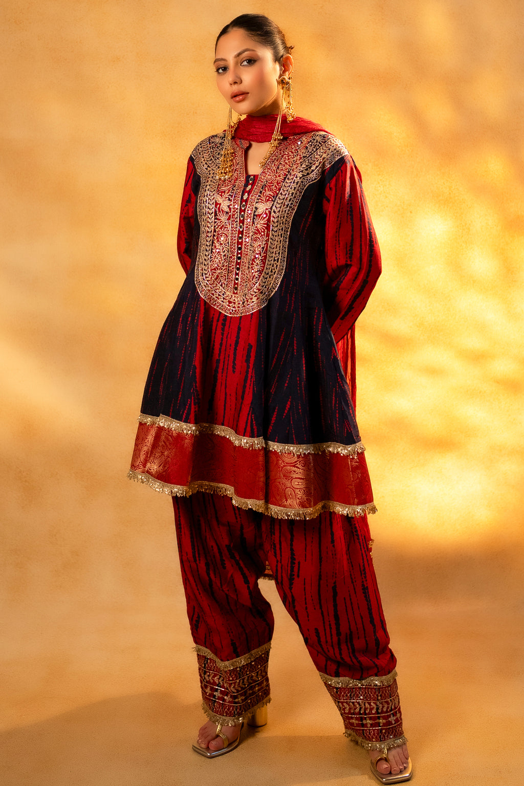 Maroon and Dark Navy Blue Raw Silk Choga Style Suit