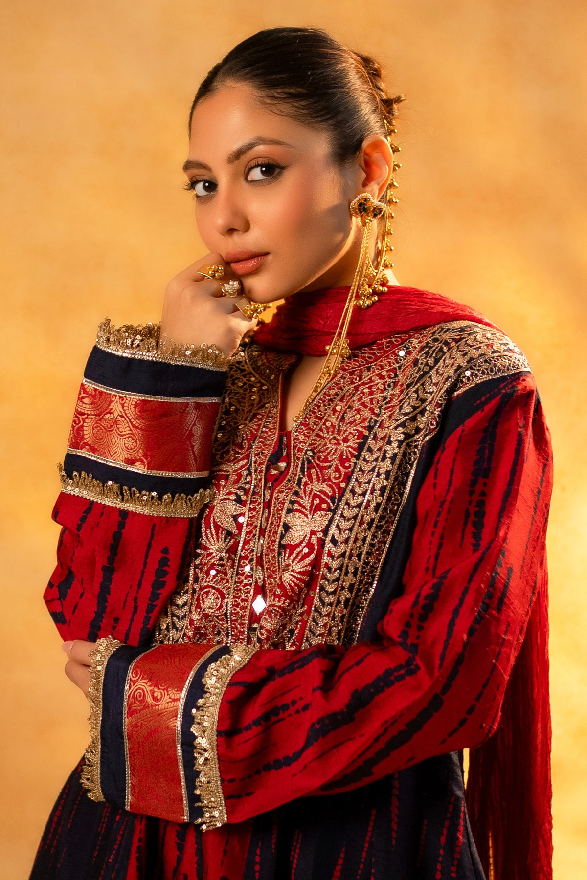 Maroon and Dark Navy Blue Raw Silk Choga Style Suit