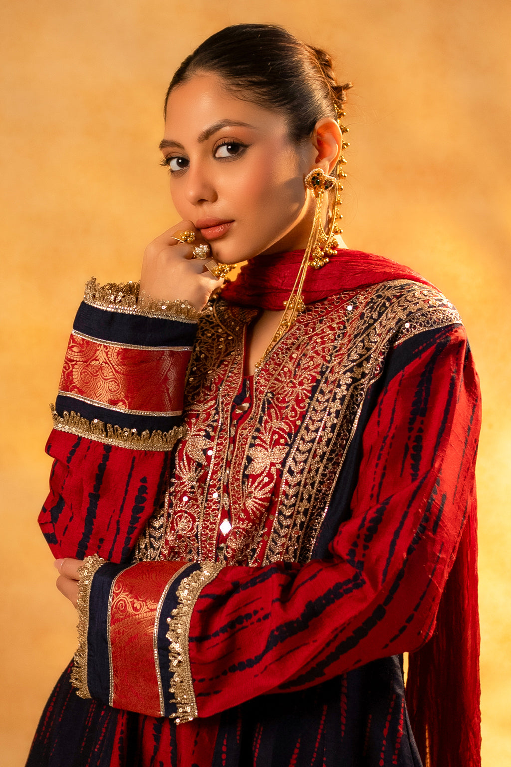 Maroon and Dark Navy Blue Raw Silk Choga Style Suit