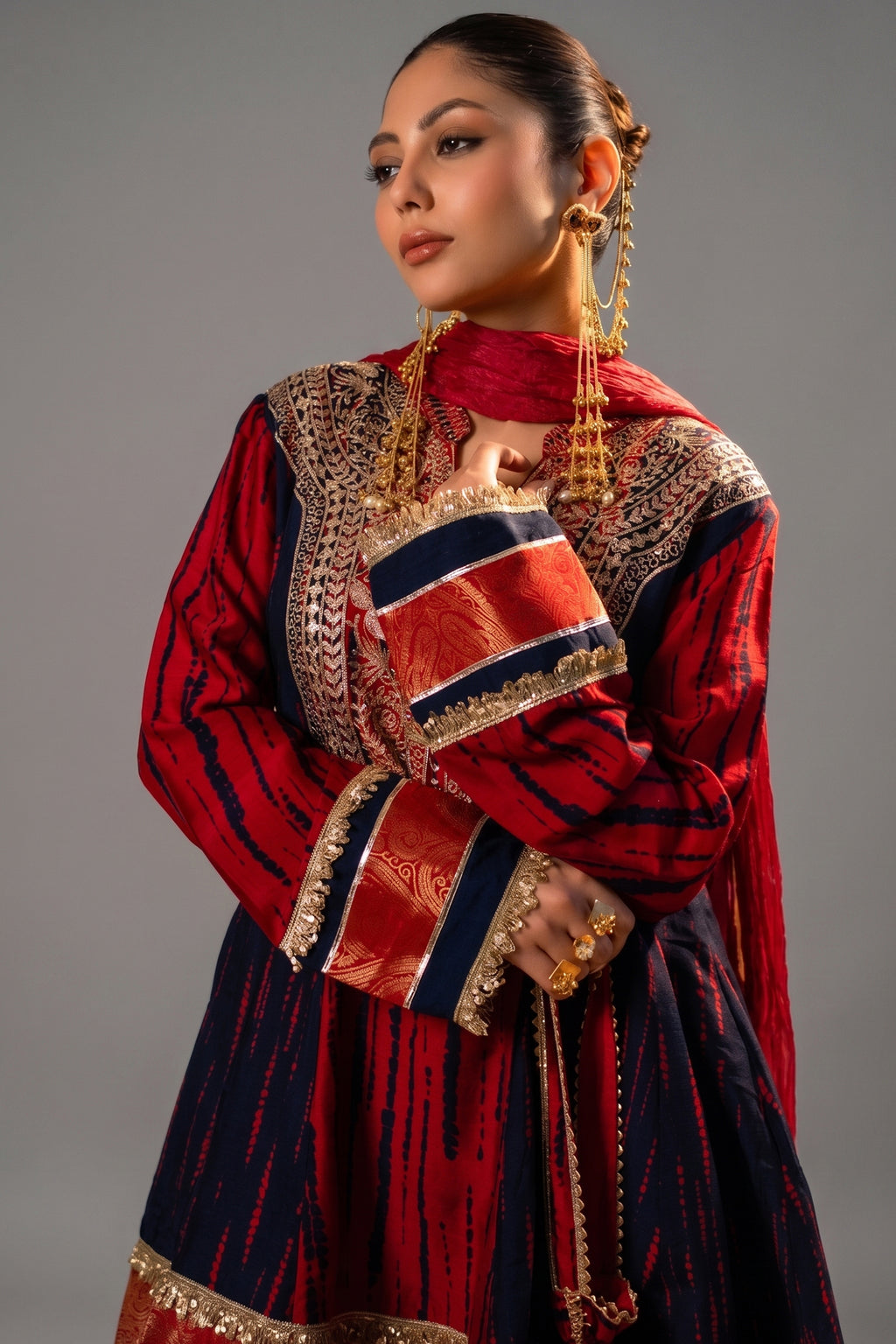 Maroon and Dark Navy Blue Raw Silk Choga Style Suit