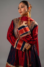 Maroon and Dark Navy Blue Raw Silk Choga Style Suit