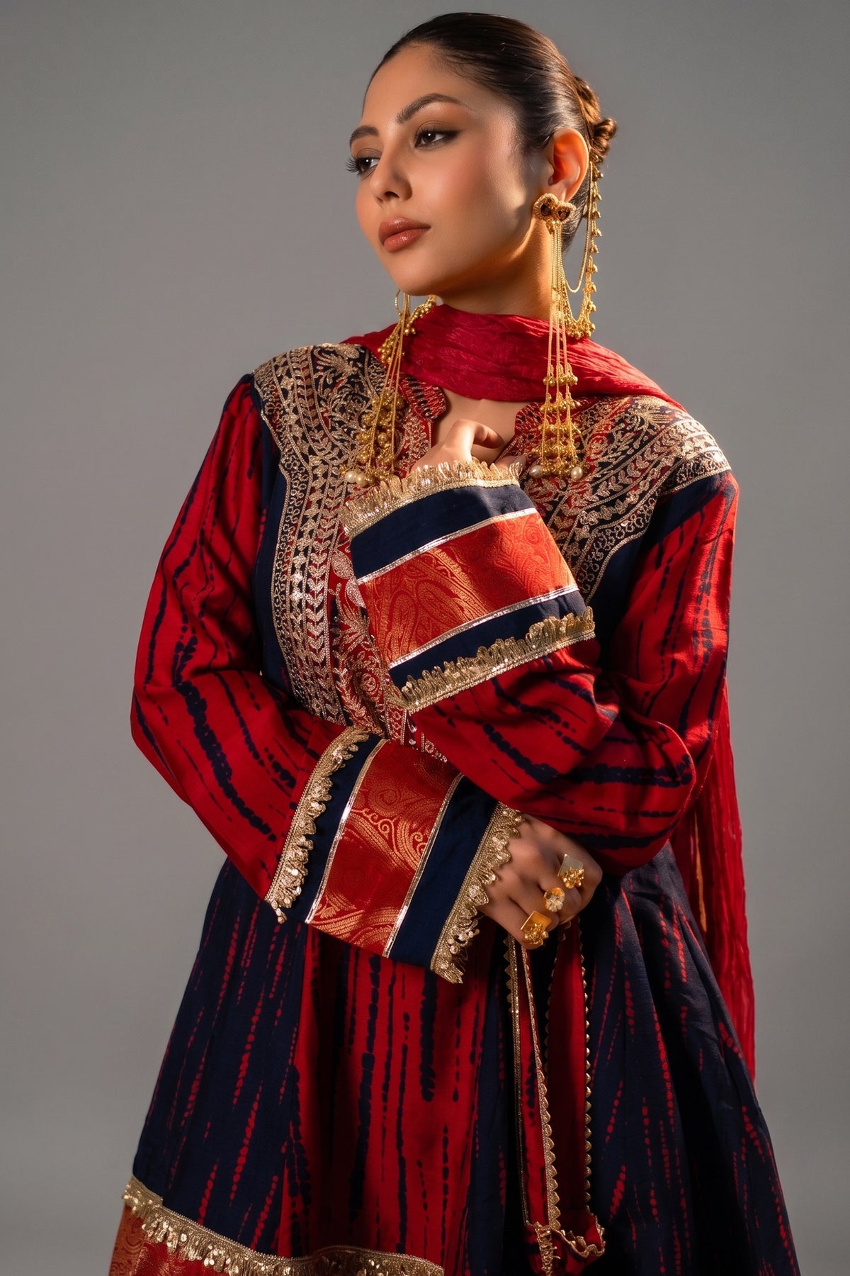 Maroon and Dark Navy Blue Raw Silk Choga Style Suit