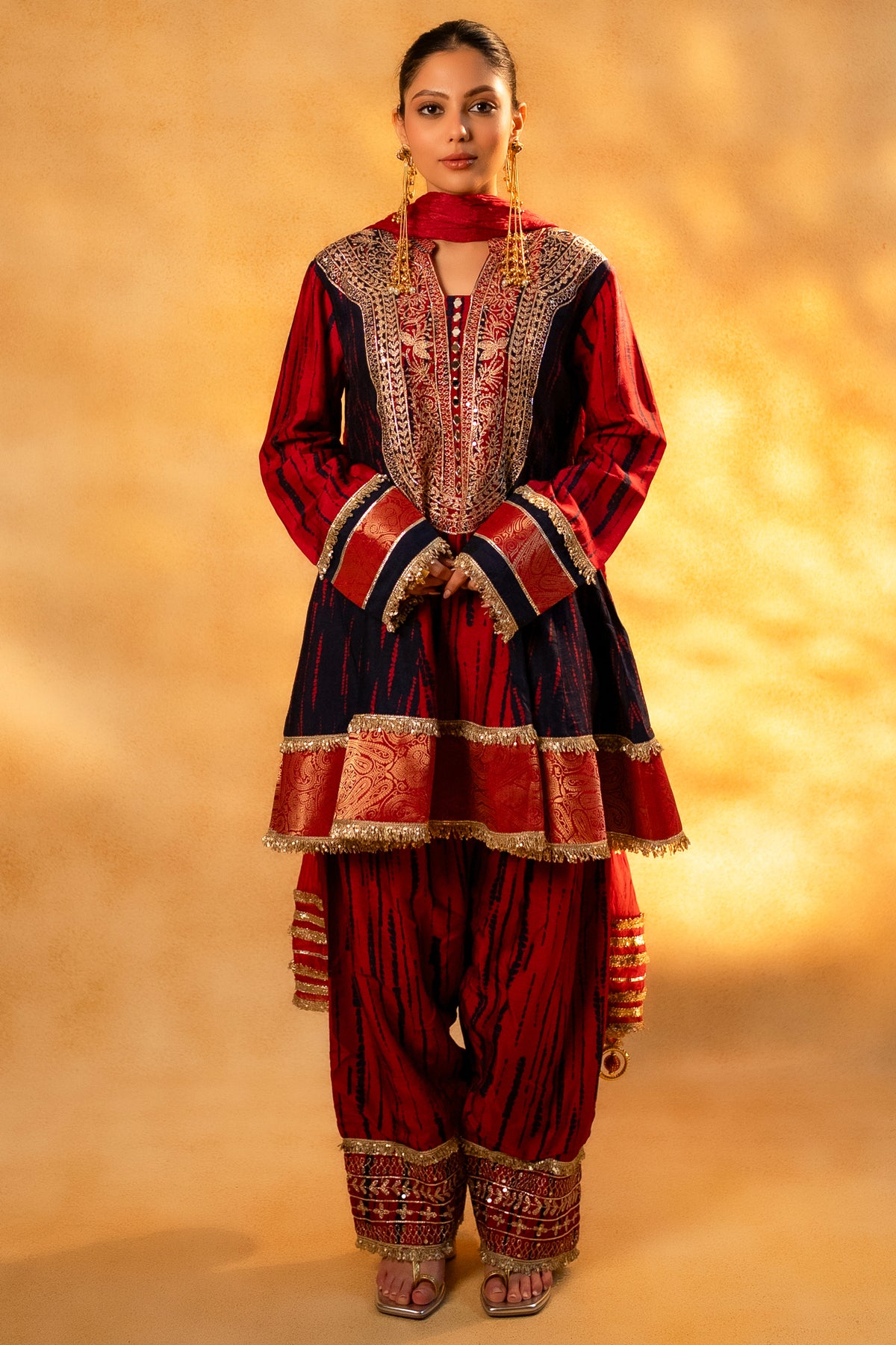 Maroon and Dark Navy Blue Raw Silk Choga Style Suit