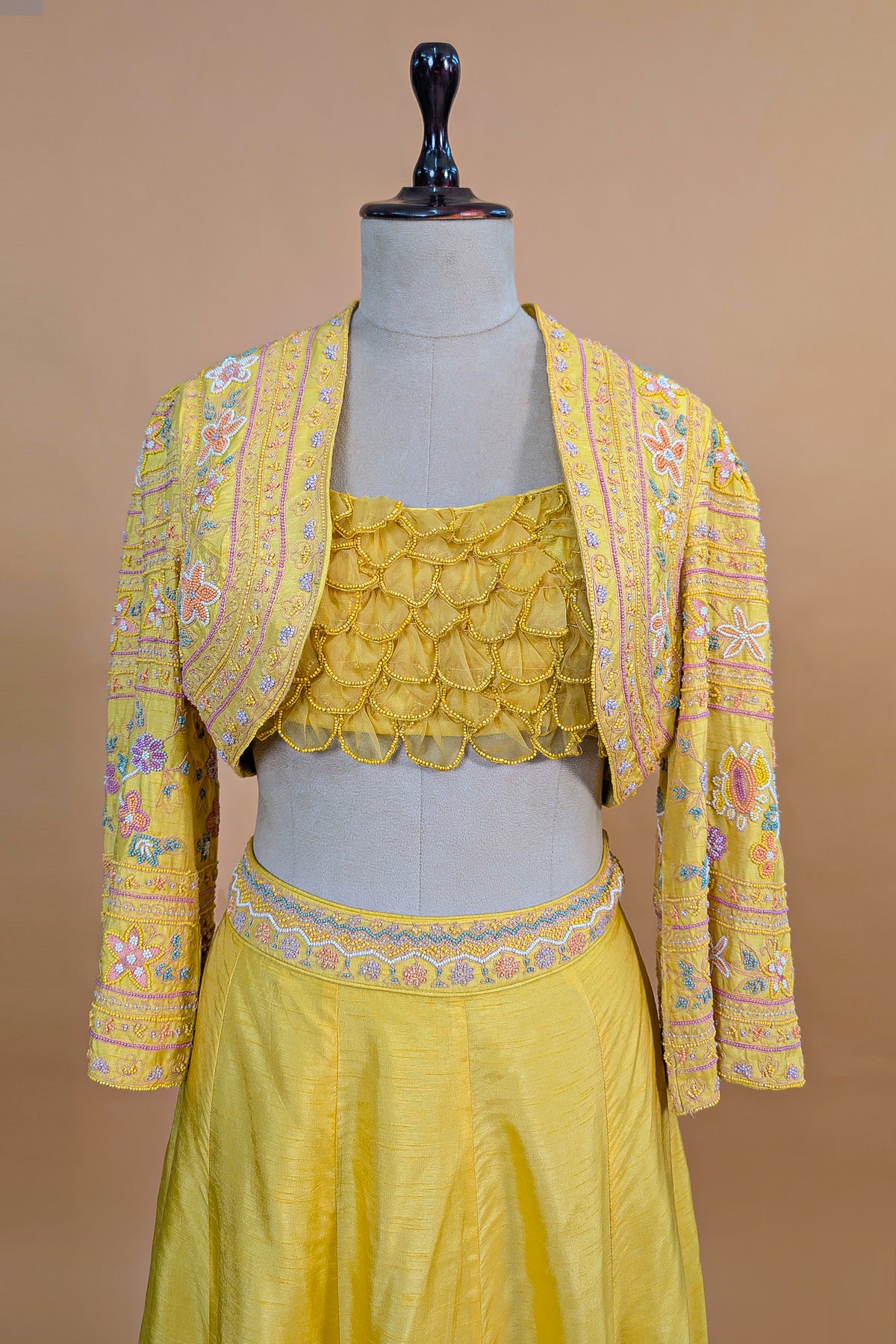 Yellow Organza Crop Top Skirt Set with Beaded Bolero Jacket