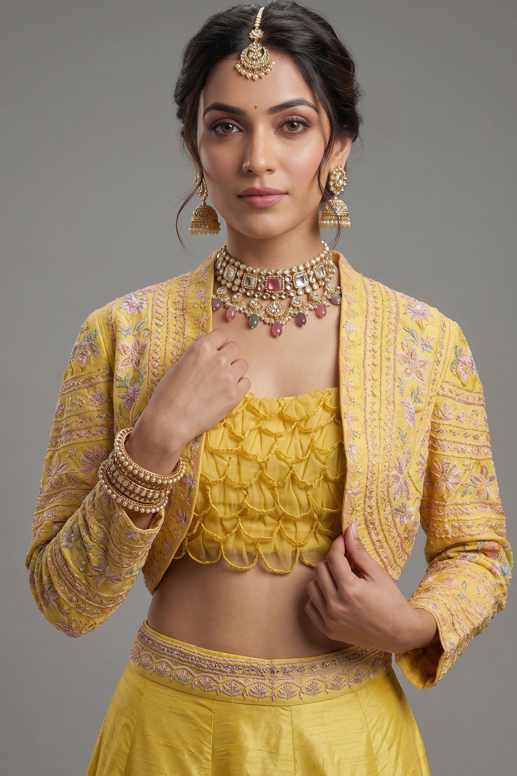 Yellow Organza Crop Top Skirt Set with Beaded Bolero Jacket
