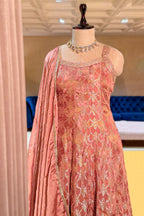 Rose Gold Pink Chinon Tissue Woven Anarkali Palazzo Suit