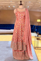 Rose Gold Pink Chinon Tissue Woven Anarkali Palazzo Suit