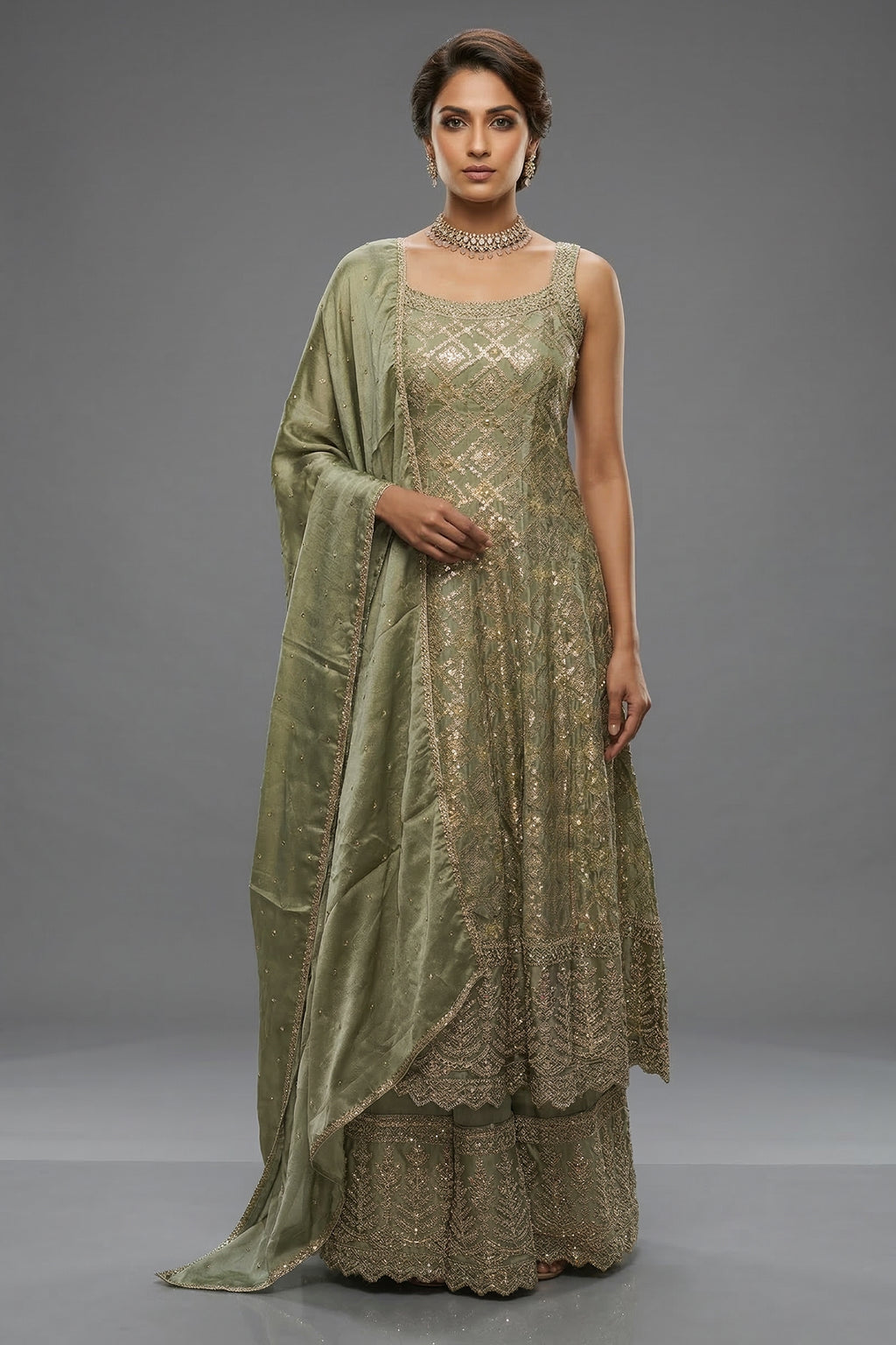 Light Pista Green Chinon Tissue Woven Anarkali Palazzo Suit