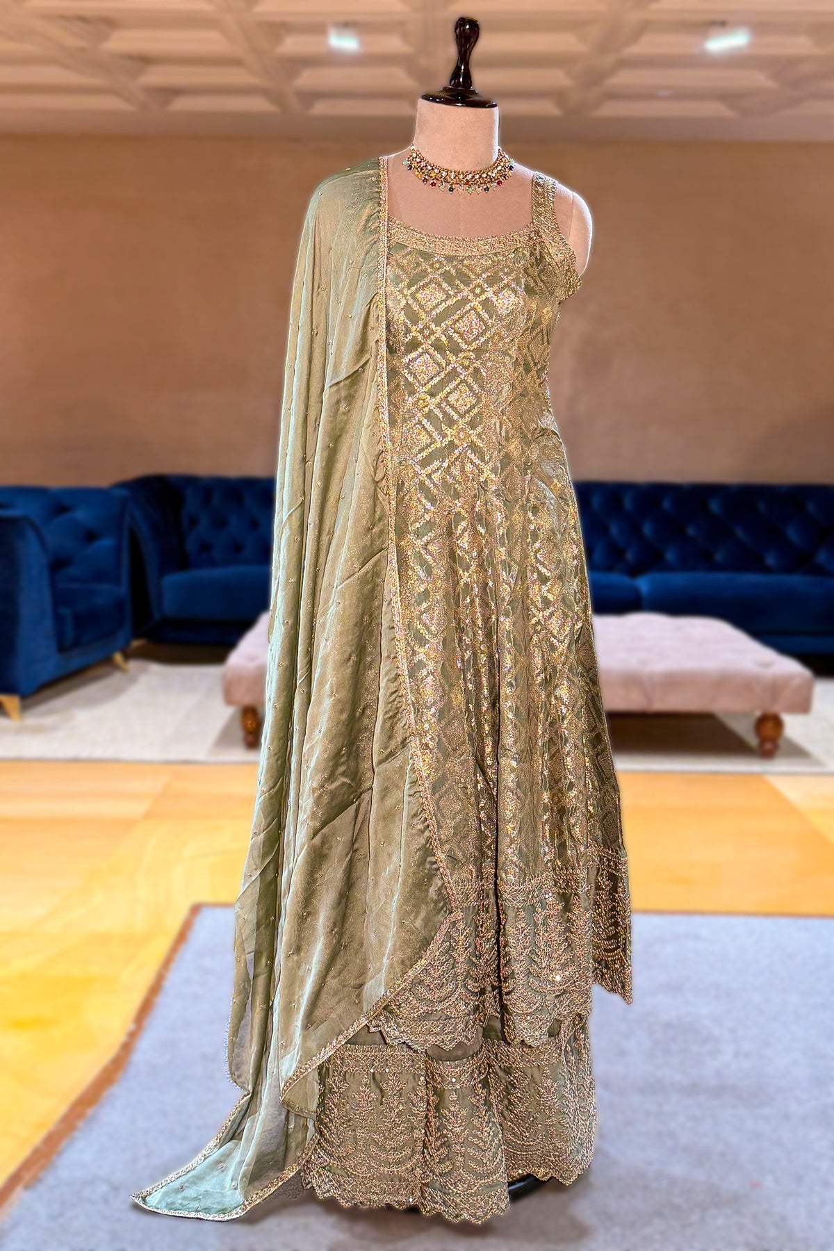 Light Pista Green Chinon Tissue Woven Anarkali Palazzo Suit