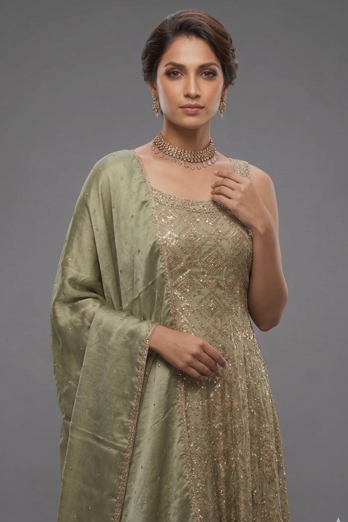 Light Pista Green Chinon Tissue Woven Anarkali Palazzo Suit