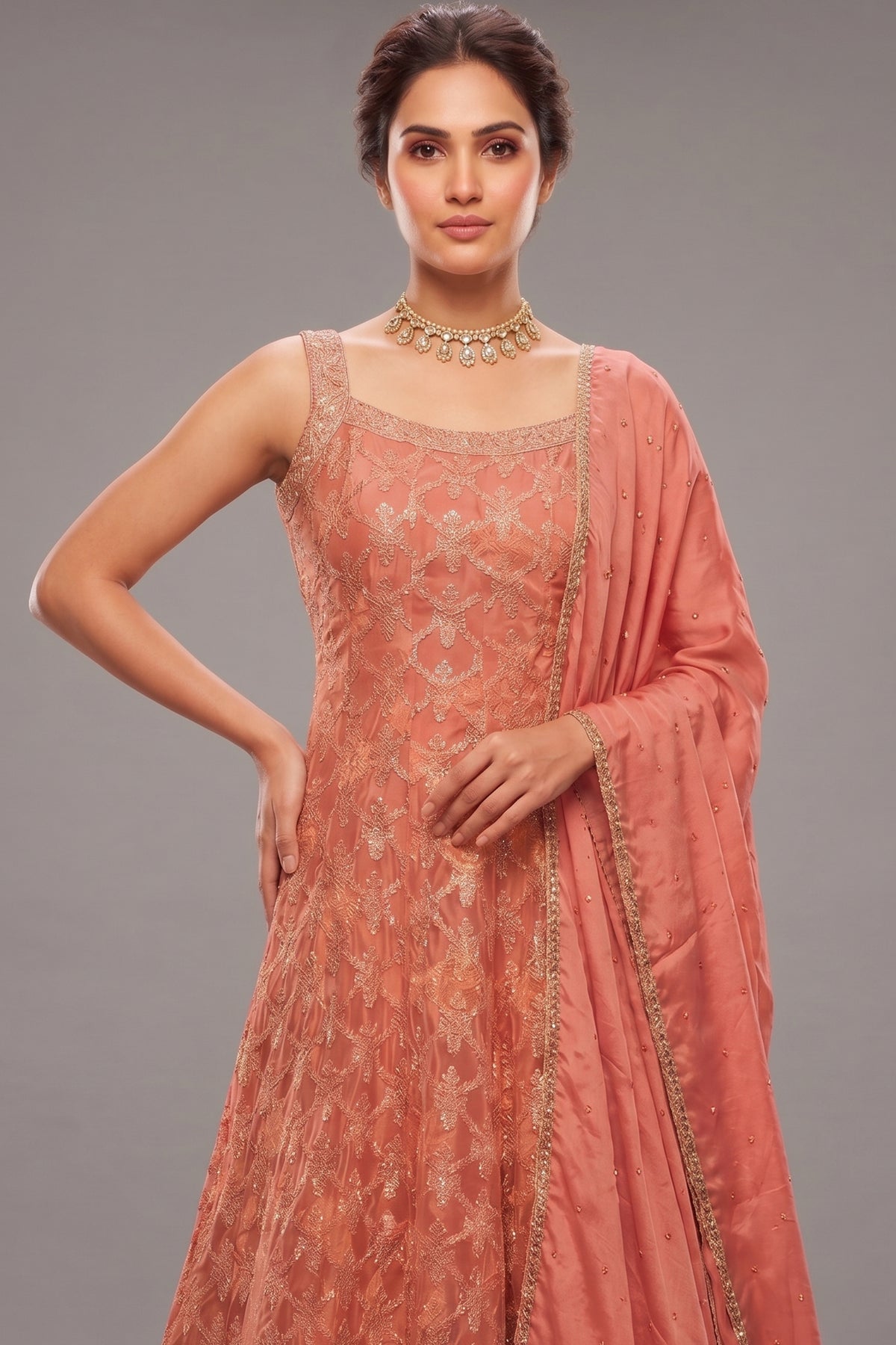 Rose Gold Pink Chinon Tissue Woven Anarkali Palazzo Suit
