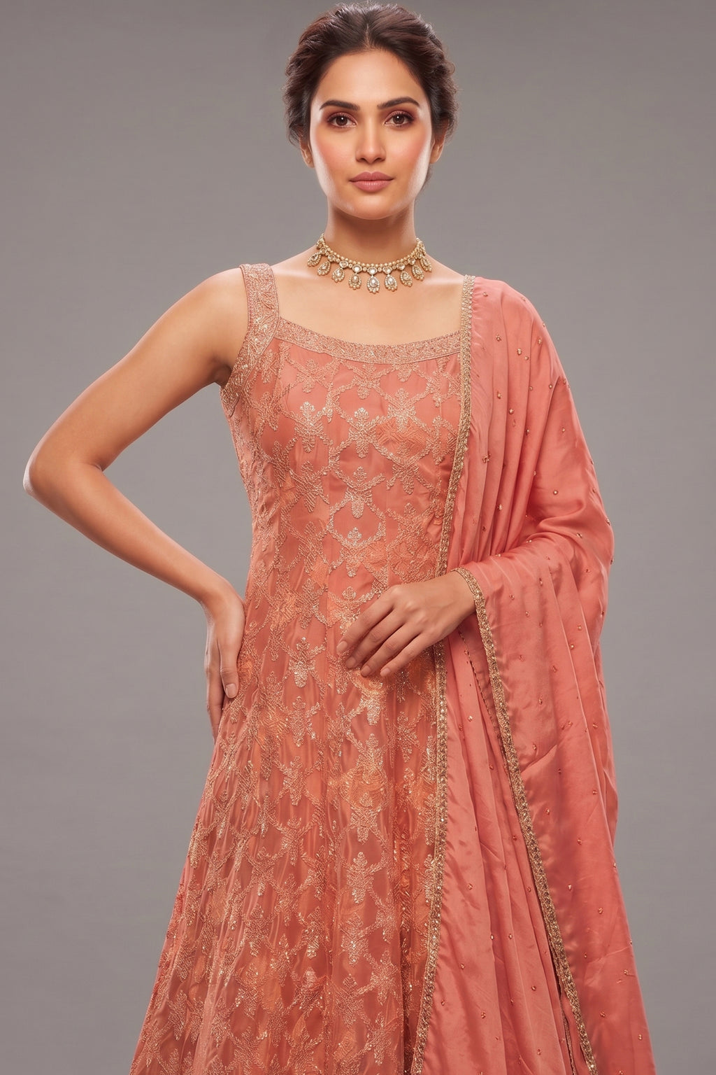 Rose Gold Pink Chinon Tissue Woven Anarkali Palazzo Suit