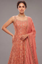 Rose Gold Pink Chinon Tissue Woven Anarkali Palazzo Suit