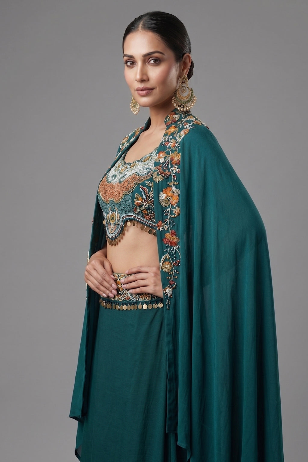 Bottle Green Crepe Satin Silk Beaded Crop Top Skirt Set with Jacket