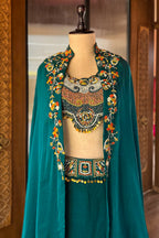 Bottle Green Crepe Satin Silk Beaded Crop Top Skirt Set with Jacket