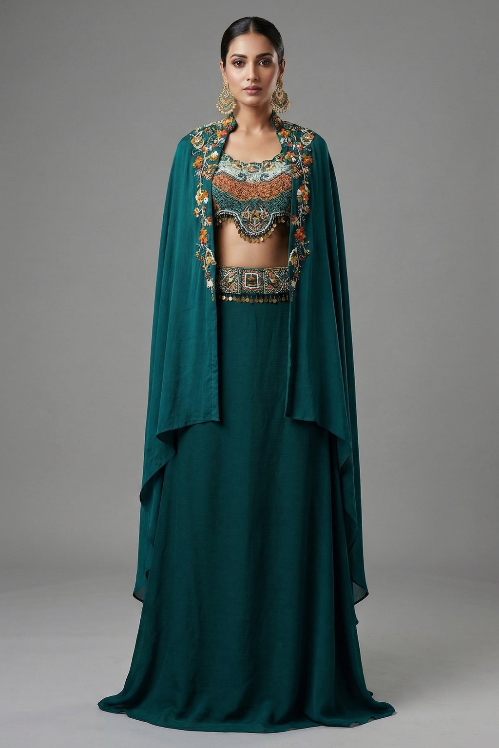 Bottle Green Crepe Satin Silk Beaded Crop Top Skirt Set with Jacket