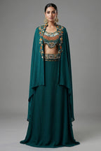 Bottle Green Crepe Satin Silk Beaded Crop Top Skirt Set with Jacket