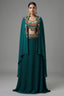 Bottle Green Crepe Satin Silk Beaded Crop Top Skirt Set with Jacket