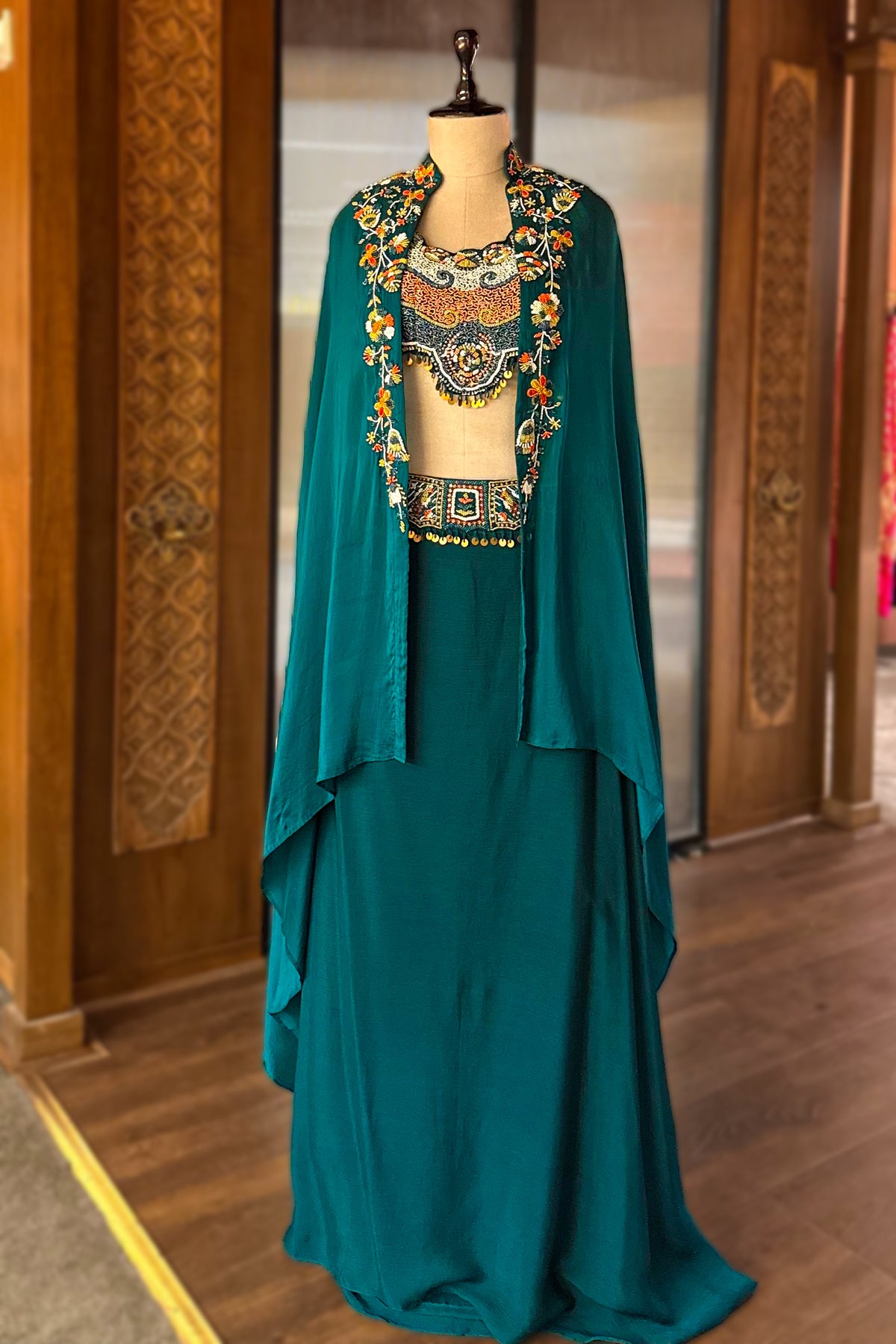 Bottle Green Crepe Satin Silk Beaded Crop Top Skirt Set with Jacket