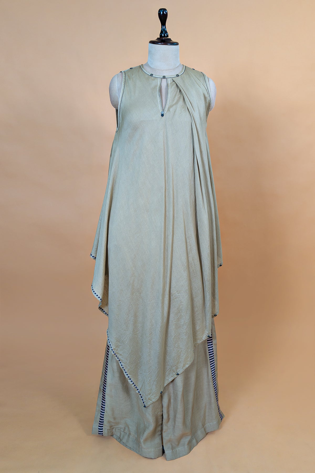 Beige Cotton Silk Solid Co-Ord Set