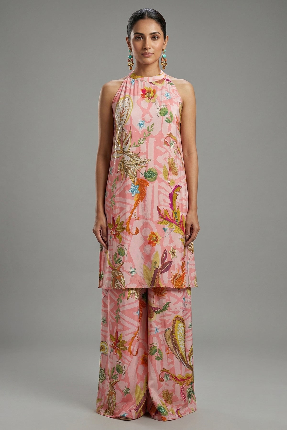 Pink Crepe Silk Digital Floral Printed Halter Neck Co-Ord Set