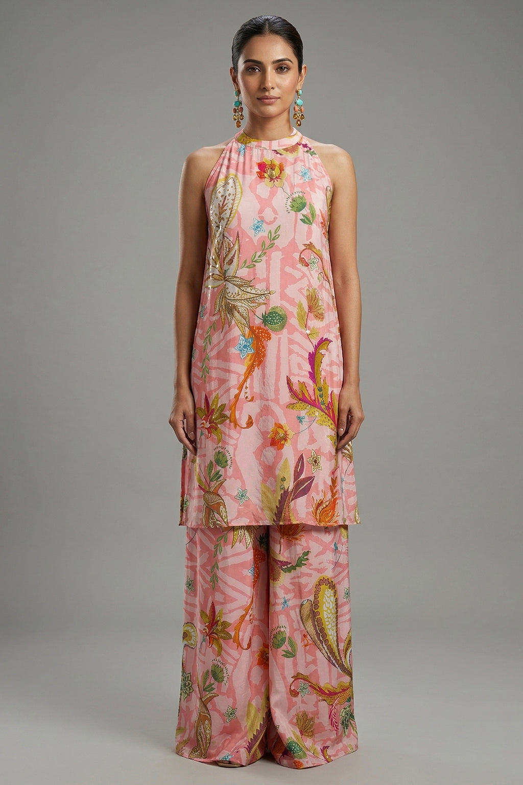 Pink Crepe Silk Digital Floral Printed Halter Neck Co-Ord Set