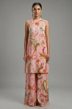 Pink Crepe Silk Digital Floral Printed Halter Neck Co-Ord Set